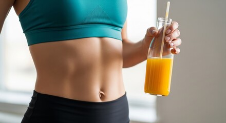 Sporty Woman Holding Fresh Orange Juice After Workout Indoors