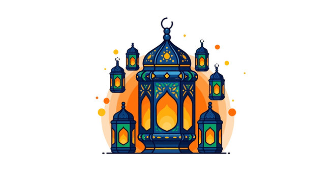 Detailed islamic lanterns arrangement, showcasing intricate geometric patterns and warm vibrant