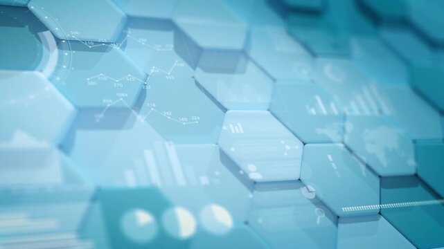 Financial graphs and infographics on a light blue hexagonal background with market data report.