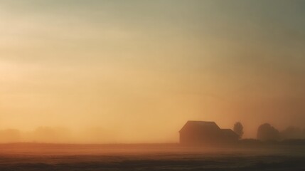Soft blurred background in gentle golden sunrise tones, faint barn silhouette with morning mist, peaceful countryside mood, wide copy space.