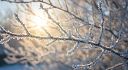 Close-up of frosted tree branches sparkling in sunlight.
