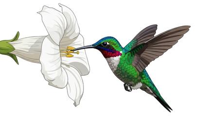 Obraz premium A vibrant green and blue hummingbird with a red throat hovers, feeding nectar from a white bell-shaped flower.