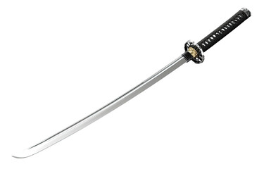 A classic, polished katana, showcasing a curved steel blade and black wrapped handle