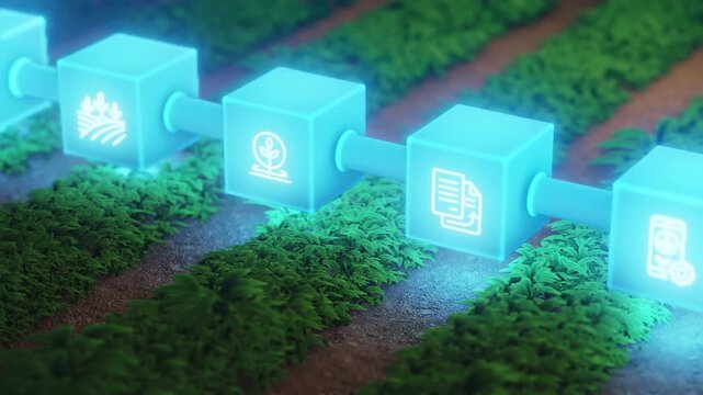 Blockchain agriculture concept. Digital farming technology, smart supply chain. Futuristic glowing blocks with farm icons over green field. sustainability, data management.