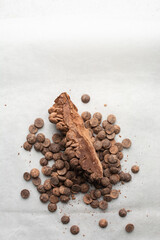 top view of chocolate chips on a white background