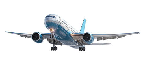 Fototapeta premium A commercial jet airliner in flight, painted with light blue and white accents, with landing gear down