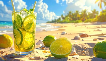 A cold glass of refreshing limeade with mint resting on a sunny tropical beach
