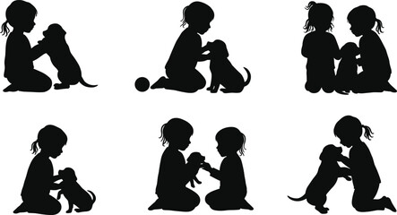 Silhouette of children playing with puppies, bonding, caring, joyful interaction, friendship, outdoor activity, pet love, childhood moments, happiness, innocence.