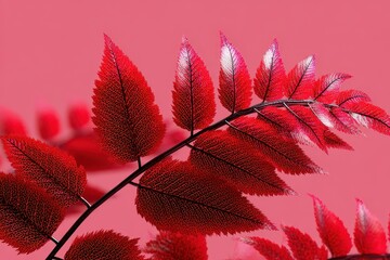 Branch of vibrant red rowan tree leaves, highlighted with white tips, creates a striking botanical composition against a monochromatic background