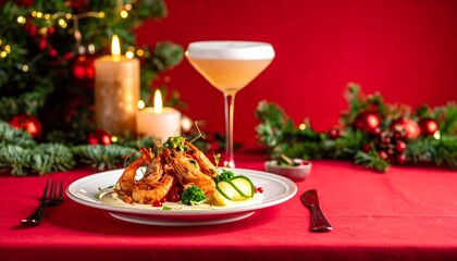 Festive shrimp dish on a red tablecloth, alongside a cocktail and Christmas decorations