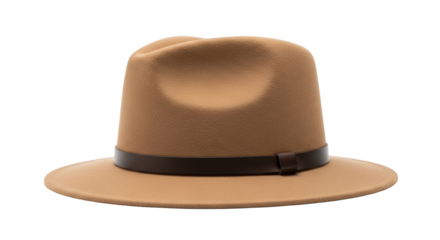 Isolated tan fedora hat with dark brown leather band and curved crown for casual fashion