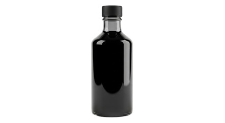 Isolated black bottle with cap, dark liquid in glass, oil container for cooking or medicine © Lukas