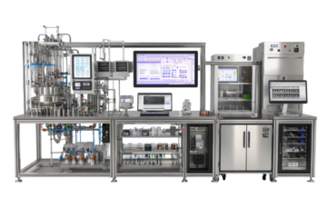 Complex laboratory setup featuring various instruments and monitors, with interconnected equipment
