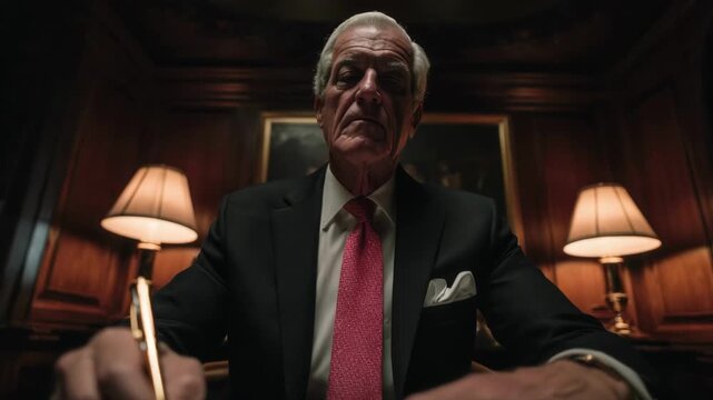 An influential senior executive in a suit sits at a desk in a luxurious office and signs a document while looking at the camera, symbolizing power, wealth, and important decision-making