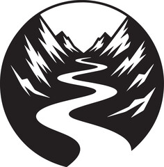 Winding river through majestic mountains in bold graphic style