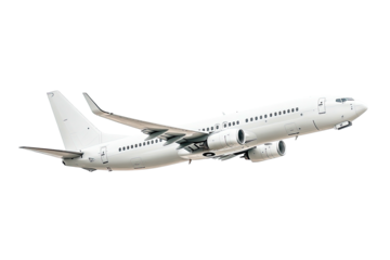 White passenger jet takes off, isolated on black, showcasing its fuselage, wings, and engines