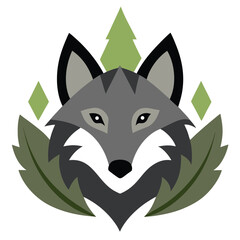 Vector art of a stylized wolf head with a forest background, featuring a minimalist design and a muted color palette for logo