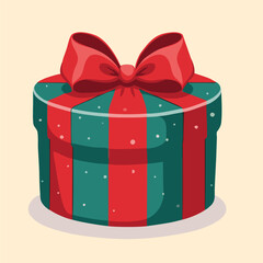 Christmas Holiday Gift in an Oval Box with a Scarlet Bow and Emerald Green Patterns, in Cartoon 2D Flat Design Style