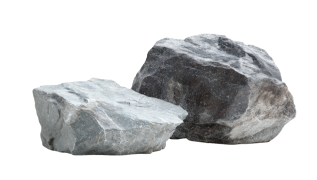Two large, jagged gray stones, overlapping against a transparent background, isolated and detailed