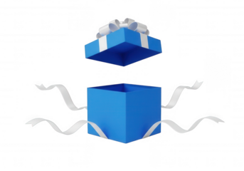Open blue gift box with white ribbons isolated on a transparent background