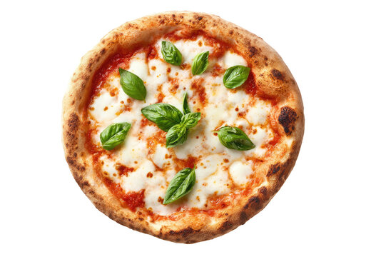 Overhead shot of a freshly baked pizza with cheese, sauce, and basil leaves on a dark background