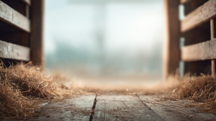 Fototapeta premium Warm blurred background with hints of hay and wooden textures, subtle light through barn doors, atmosphere of diligence and simplicity, clear copy space.