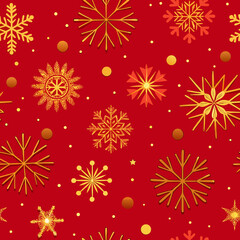 Seamless pattern of golden snowflakes and dots on a vibrant red background