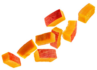 Rectangular slices of red pumpkin fly through space forming a chain. Isolated on white.