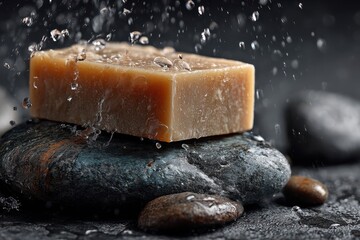 Natural soap bar sits on dark river stones as water droplets fall for a natural, clean aesthetic bath and body product