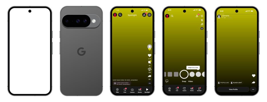 Snapchat story, spotlight, and camera interface UI mockup on Google Pixel 10 smartphone. Android social media app template, dark and light mode mobile screen layout.
