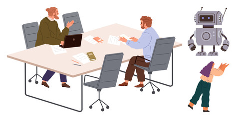 Two professionals discussing ideas with documents at a table, flanked by a robot assistant and a woman walking. Ideal for teamwork, creativity, AI collaboration, business meetings, idea sharing