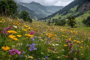 Vibrant alpine meadow of wildflowers, majestic mountains, cloudy sky.