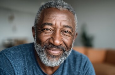 Close-up of a joyful senior man with gray hair and beard smiling warmly indoors