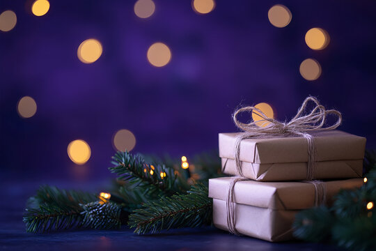 Christmas tree and gifts on a purple background.