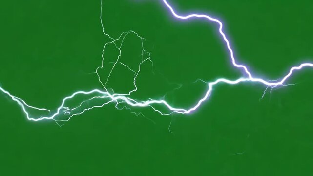 Looping sequence rolling lightning storm, multiple arcs crawling horizontally frame, glowing electric veins, flickering flashes, seamless loop green screen background, cinematic electricity effect, 4K