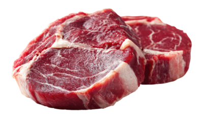 Two raw, uncooked cuts of beef are presented with red meat and marbling. Close-up, isolated
