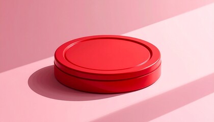 Glossy red circular plate placed on soft pink surface with subtle shadow