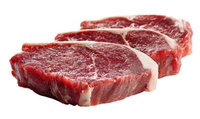 Three raw, red meat steaks, with white marbling, isolated on a transparent black background
