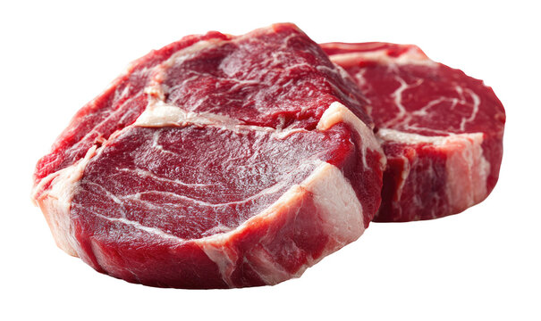 Two raw, uncooked cuts of beef are presented with red meat and marbling. Close-up, isolated