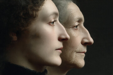 Portrait of a woman in her youth and in her maturity, facial aesthetics and cosmetology, portrait in the style of a Renaissance painting