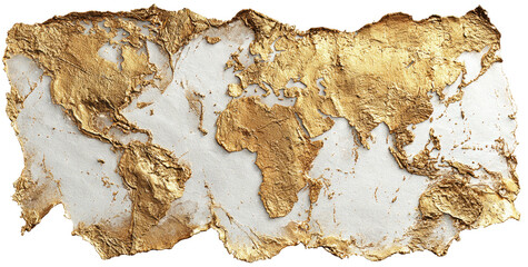 Textured golden map of the world on a white background with torn edges, resembling an ancient scroll