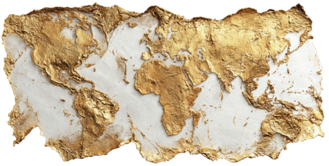 Textured golden map of the world on a white background with torn edges, resembling an ancient scroll