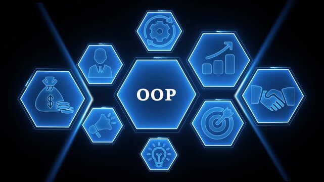 Blue Hexagonal Network With OP Central Concept And Business Icons On Dark Background object oriented programming