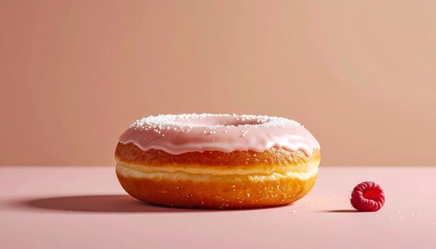 Single donut with pink icing and powdered sugar placed on matching pink surface