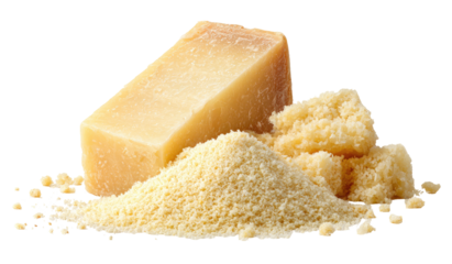 Block of aged dairy product and grated version, staged on a dark backdrop