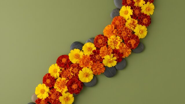 Curved Marigold Flower Garland and Smooth Grey Pebbles on a Sage Green Background with Copy Space