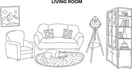 Cozy living room interior line art with furniture, sofa, armchair, bookshelf, and sleeping cat, home decoration design illustration