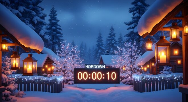 Magical winter village scene at night with snowcovered houses, glowing lanterns, and a countdown timer showing 10 seconds