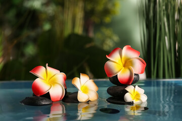 Lake with spa stones and beautiful plumeria flowers in tropical bamboo garden