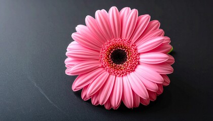 Close-up of vibrant pink gerbera daisy with circular petal arrangement and dark central disc, set against black background